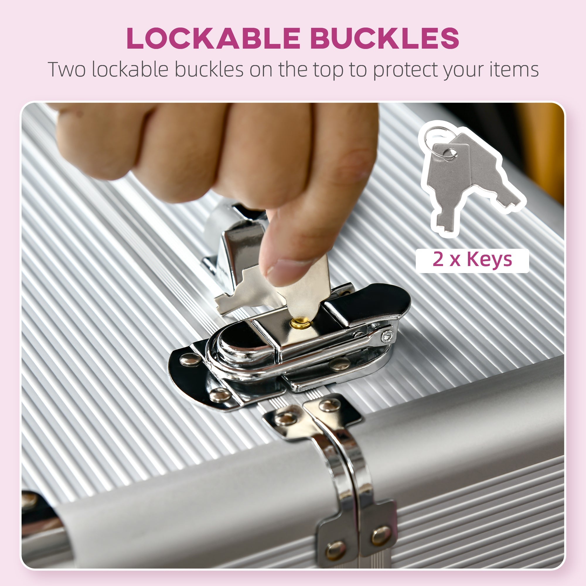 HOMCOM Large Cosmetic Trolley Rolling Makeup Train Case Storage Lockable Cart Silver with Folding Trays Swivel Wheels