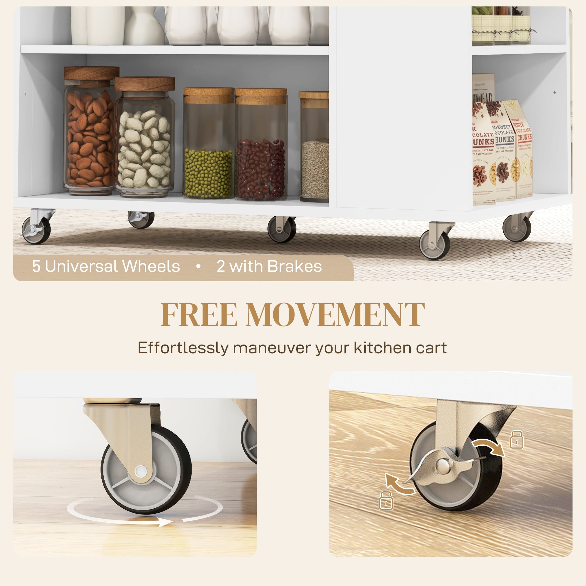 HOMCOM Kitchen Island Table Kitchen Cart with Rubberwood Top, Adjustable Shelves, Knife Rack, Towel Rack, Cabinet, White