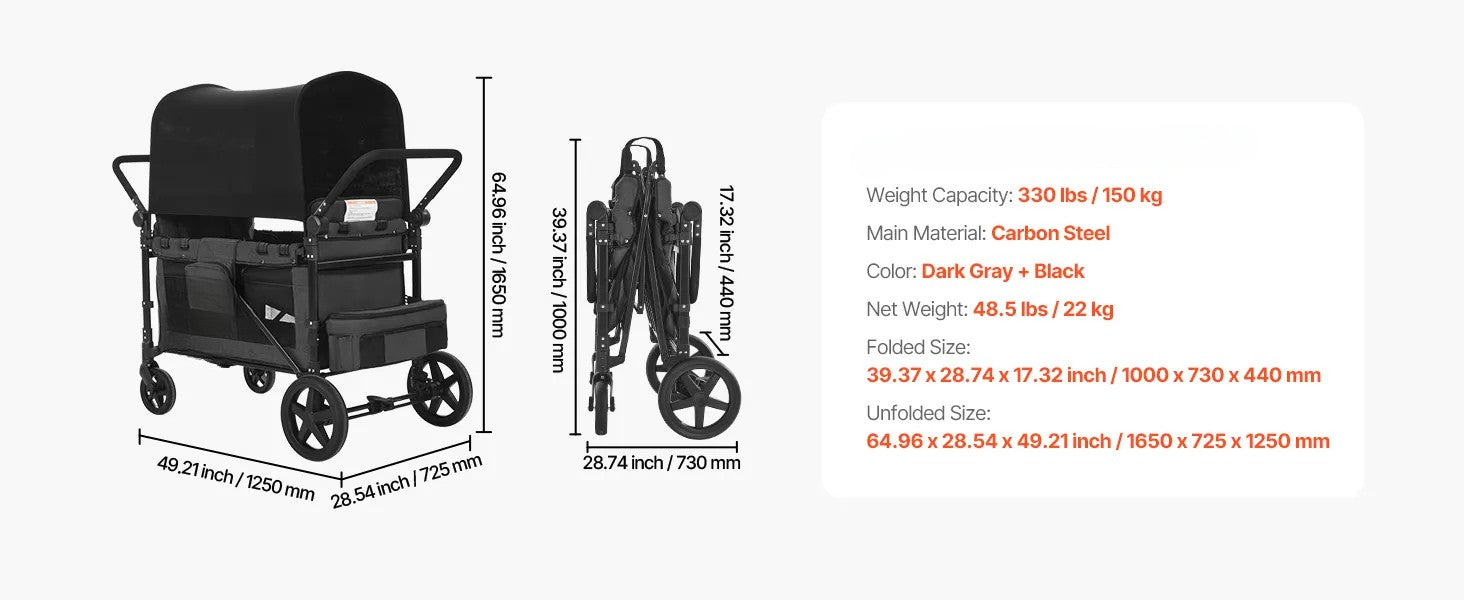 Wagon Stroller for 4 Kids Push Pull Quad Collapsible Stroller for Camping