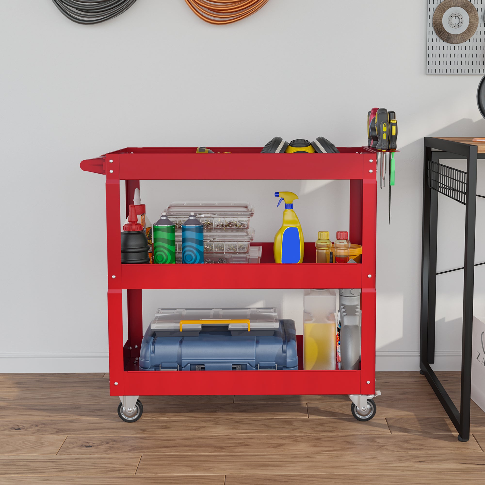 DURHAND 3 Tier Rolling Tool Cart with Wheels, 330 LBS Capacity Heavy Duty Utility Cart, Mobile Service Cart for Garage, Red