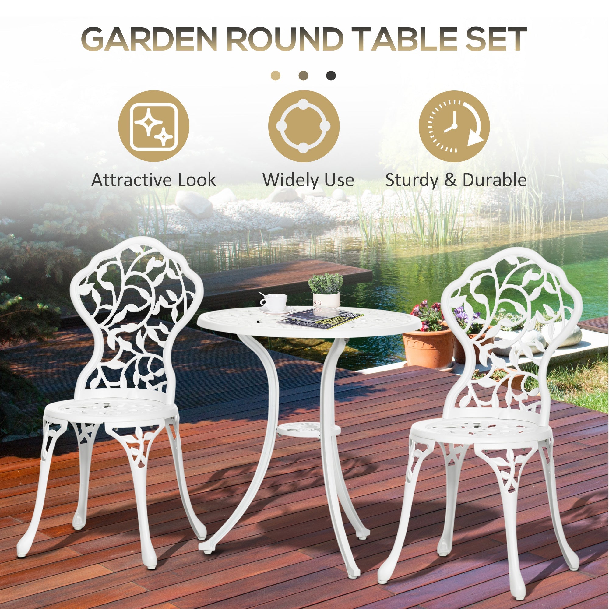Outsunny 3 Pieces Outdoor Furniture Set, Patio Table and Chairs with Cast Aluminum Frame for Garden, Balcony, Porch, White