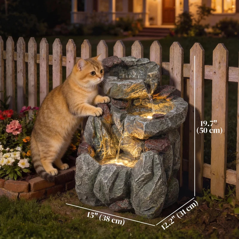 Outdoor Fountain with LED Lights Adjustable Flow Cascading Waterfall 3-Tier Rustic Rock Look Grey