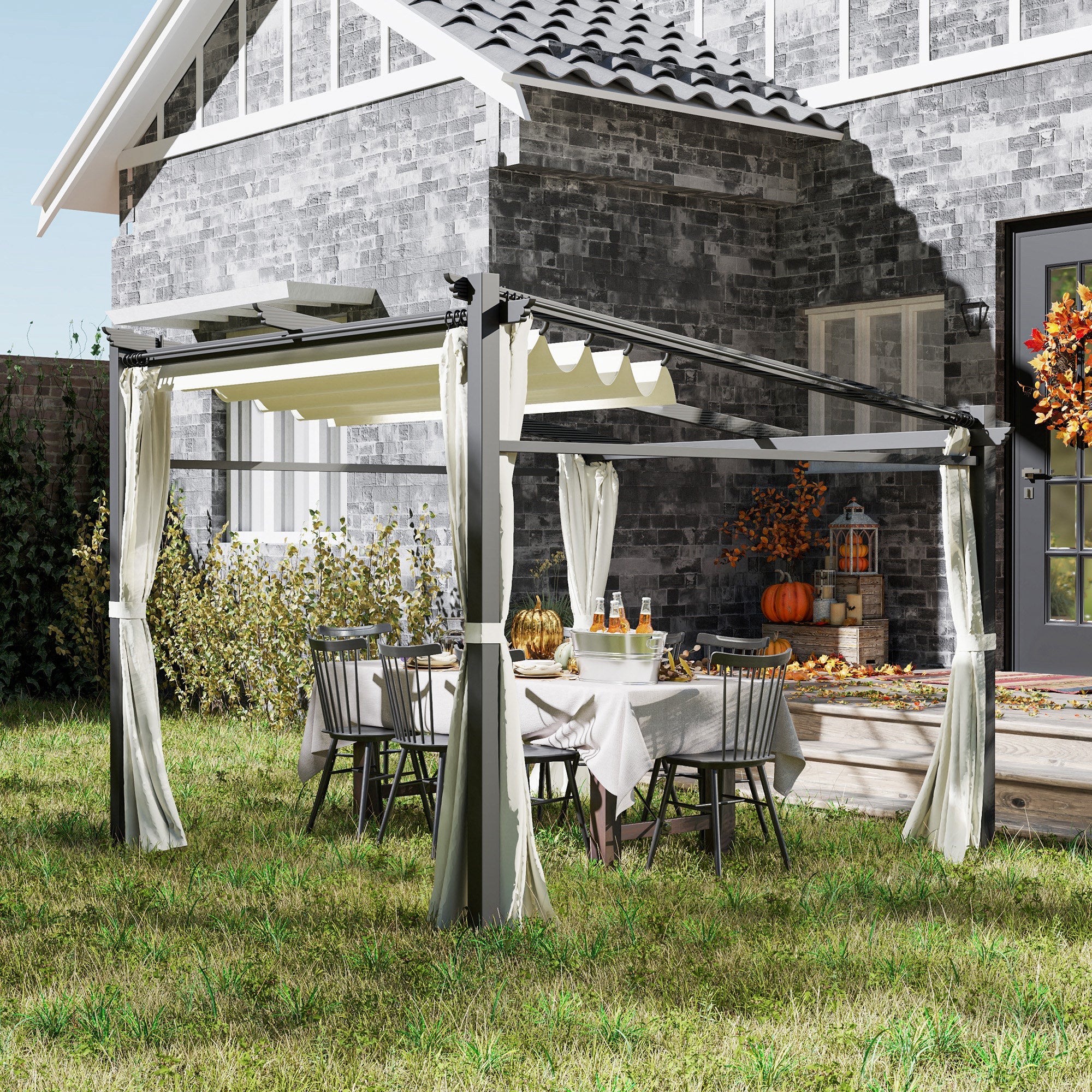 Outsunny Metal Pergola with Sliding Roof Canopy, Retractable Pergola Canopy, 10' x 10', Beige