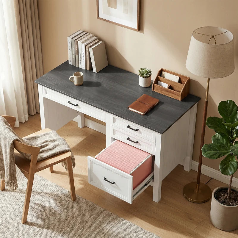 54" Farmhouse Executive Desk, Computer Desk with Drawers, Adjustable Hanging Rails for for A4/Letter Size Files, White