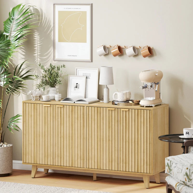 Fluted Sideboard Buffet Cabinet, 55" Coffee Bar Cabinet with 4 Doors, 2 Adjustable Shelves, 5 Wood Legs, Nature Wood
