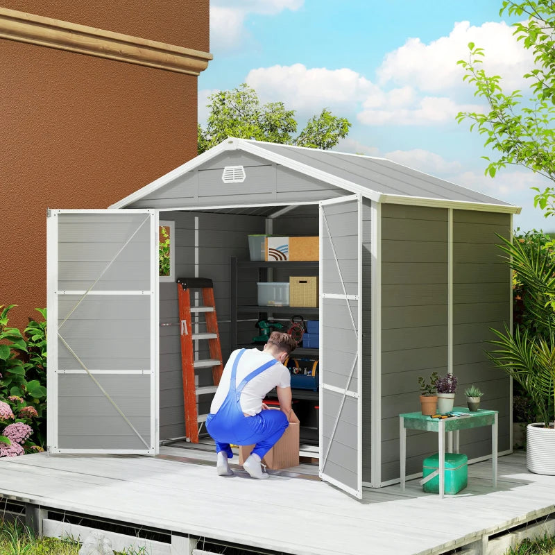 8' x 6' Plastic Garden Storage Shed with Latch Door, Vents, Sloped Roof, Light Grey
