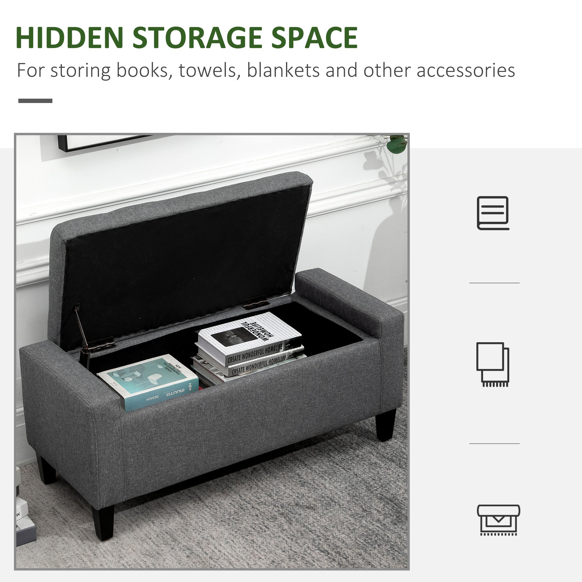 HOMCOM Linen-Touch Tufted Ottoman: Grey Fabric Bench with Flipping Top, Footstool for Living Room