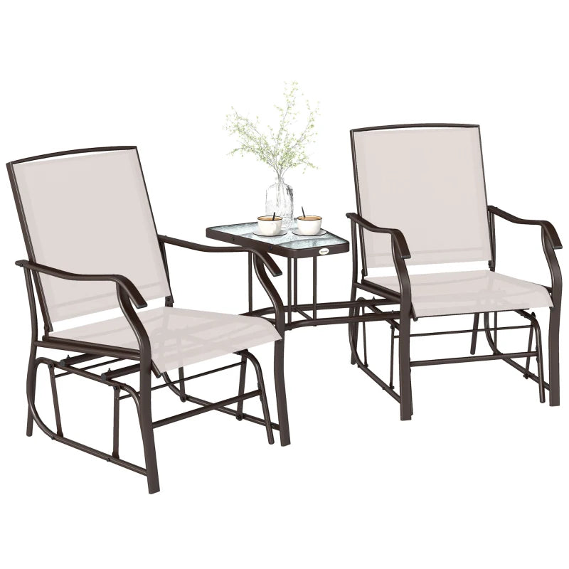 Double Patio Glider Chair with Glass Top Center Table, Outdoor Glider Loveseat with High Back, All Weather Breathable Mesh Fabric for Garden, Backyard, Deck, Beige