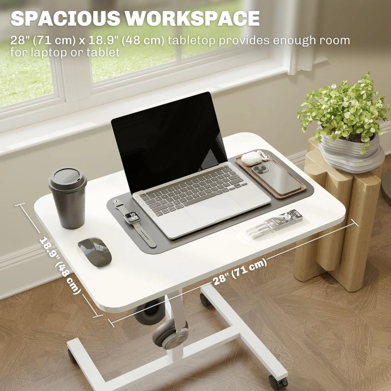 Height Adjustable Standing Desk, Pneumatic Sit Stand Desk with Wheels and Headphone Hook, White Wood Grain