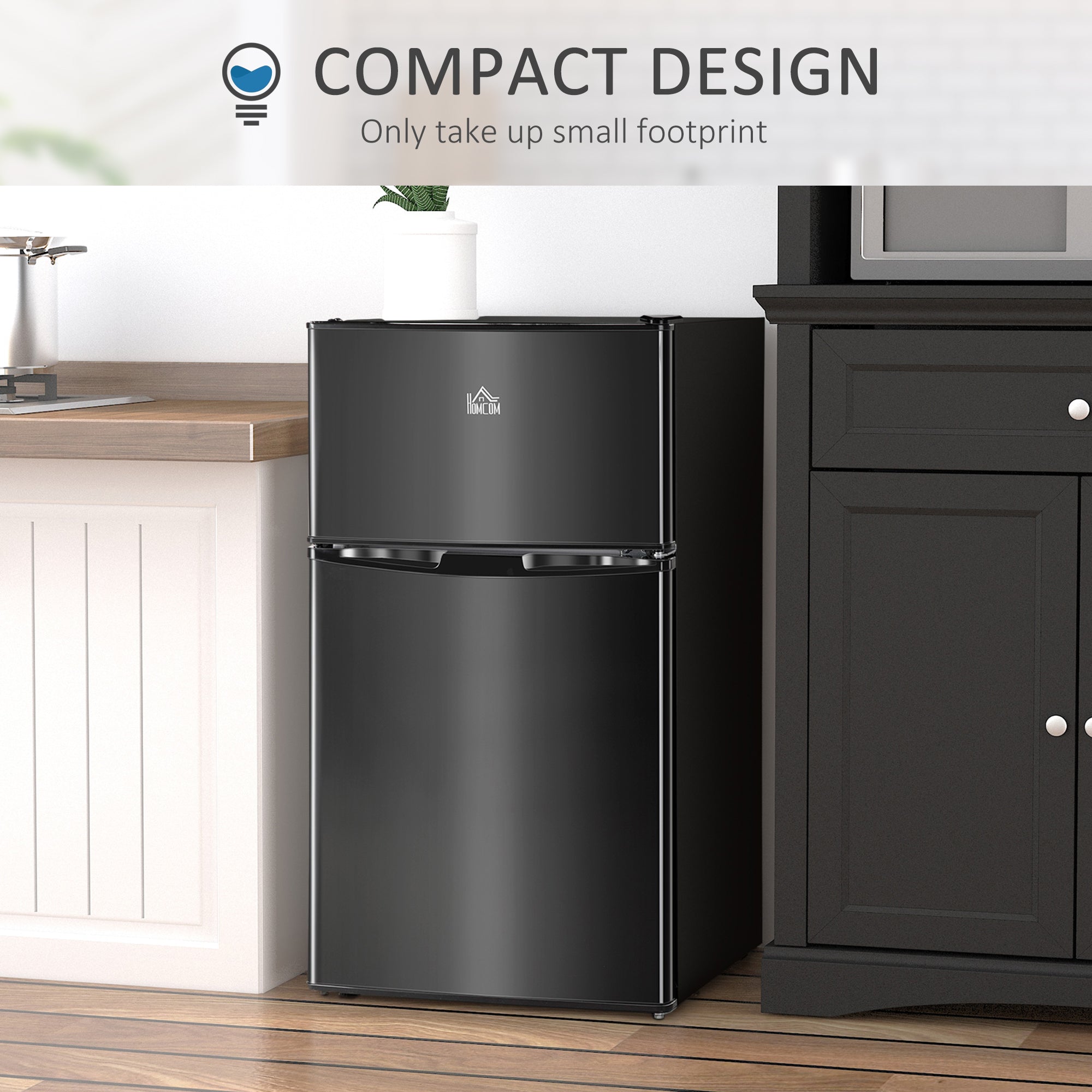 HOMCOM 3.2 Cu Ft Compact Refrigerator, Mini Fridge with Freezer, Adjustable Shelves and Reversible Doors for Bedroom, Black