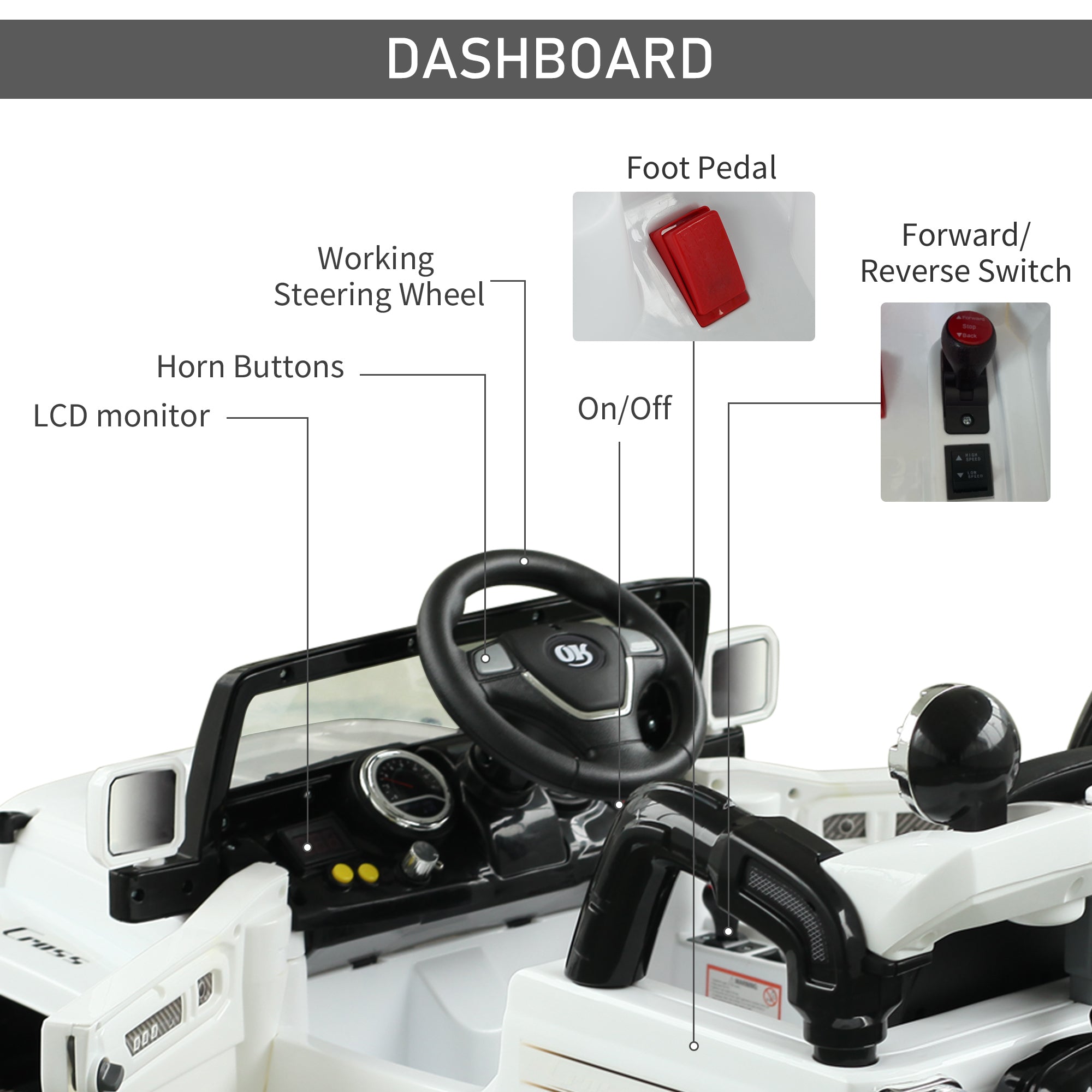 Aosom 12V Kids Ride-On Truck: Remote Control, 2 Speeds, Lights, MP3, LCD Power Indicator, White