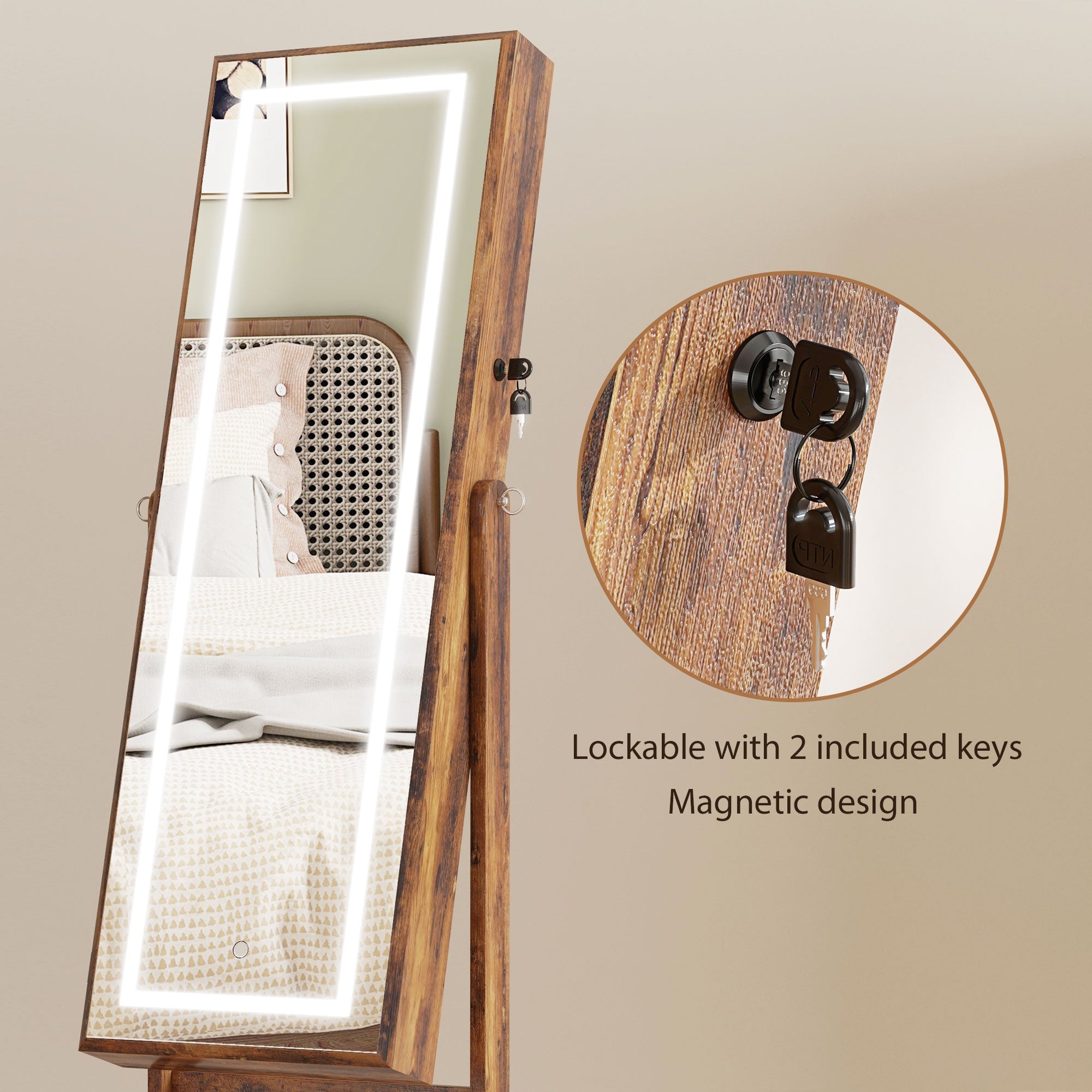 HOMCOM Lockable Jewelry Armoire with LED Light Standing Mirror with Storage for Bedroom Dressing Room Rustic Brown