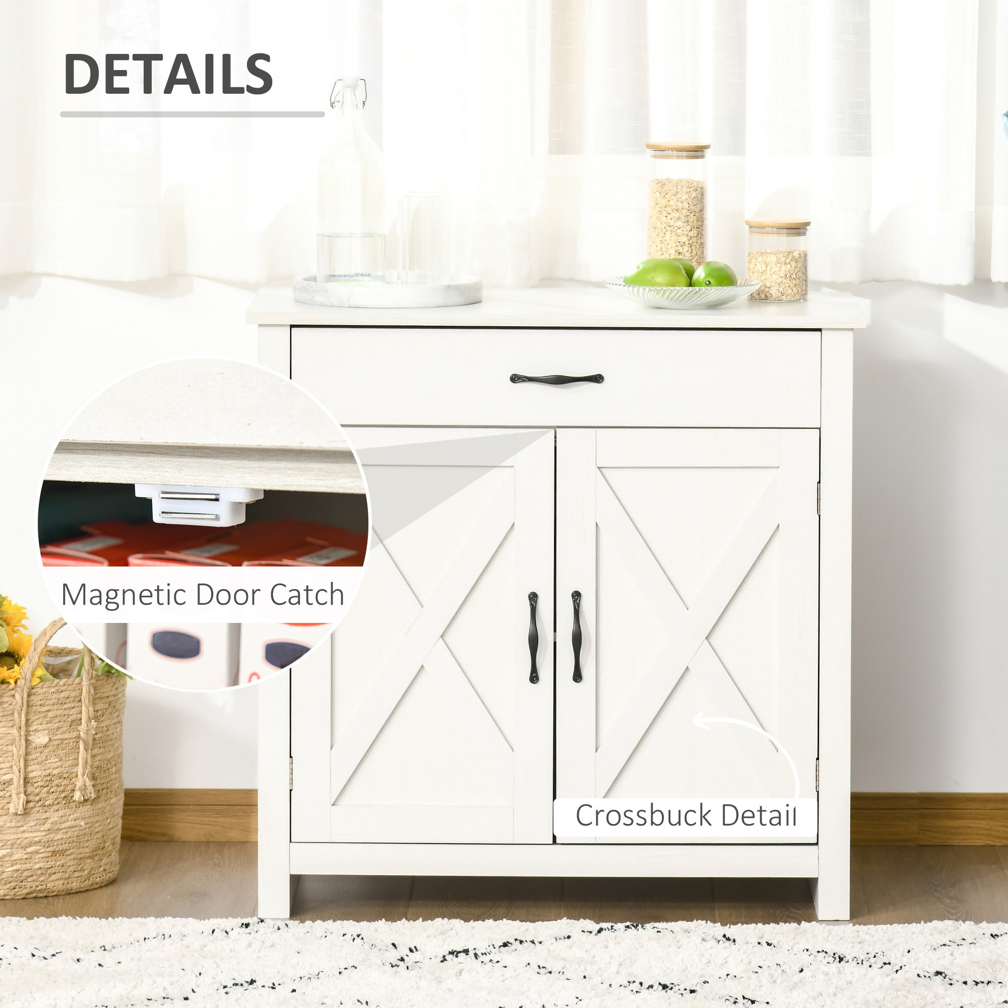 HOMCOM Distressed White Barn Door Cabinet: Farmhouse Sideboard Buffet Storage Coffee Bar for Living Room, Entryway, White Wash Finish
