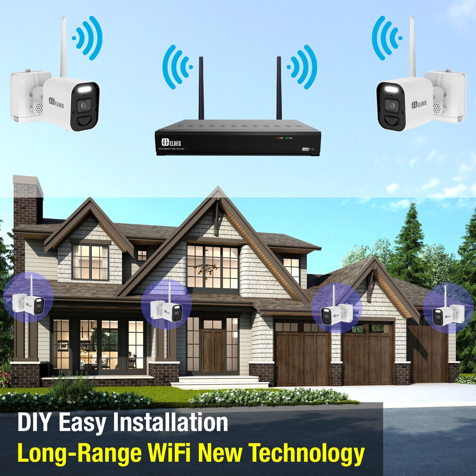Elder 4K Wireless Security Camera System 1TB Wire-Free, 8Ch NVR 4-Camera Battery WiFi Surveillance Outdoor, Color Night Vision, Spotlight Deterrence & Two-Way Talk
