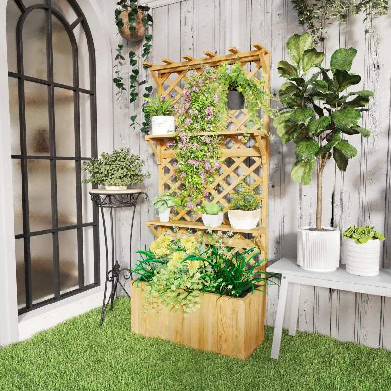 Raised Garden Bed, Wooden Planter with Trellis, Hanging Roof, Plant Shelf, Drainage Holes and Bed Liner, Nature Wood