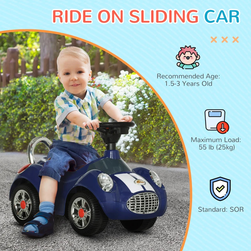 Qaba Baby Push Car with Music, Horn, Light, Dark Blue