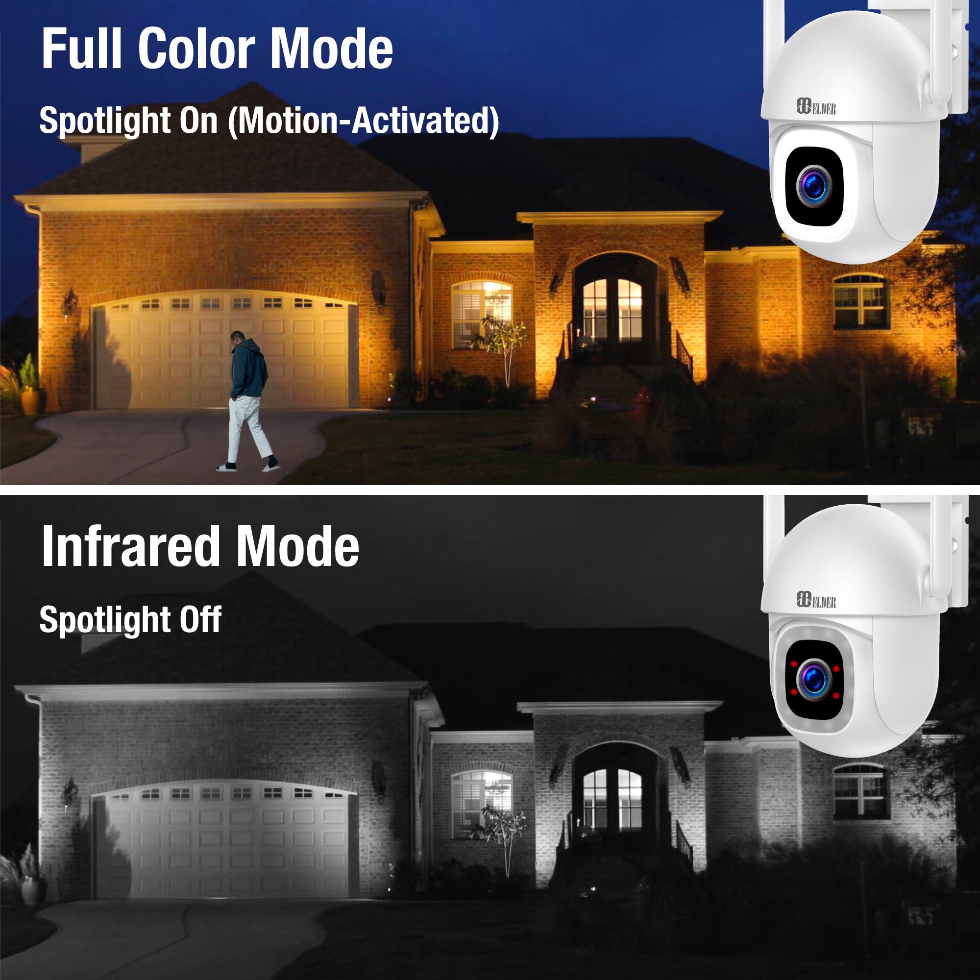 Elder WiFi Security Camera 2K+ Outdoor x2 Pack PTZ 64GB Semi Wireless, DIY Smart Home AI Human Motion, Spotlight Deterrence & Color Night Vision, Works with Hey Google & Alexa