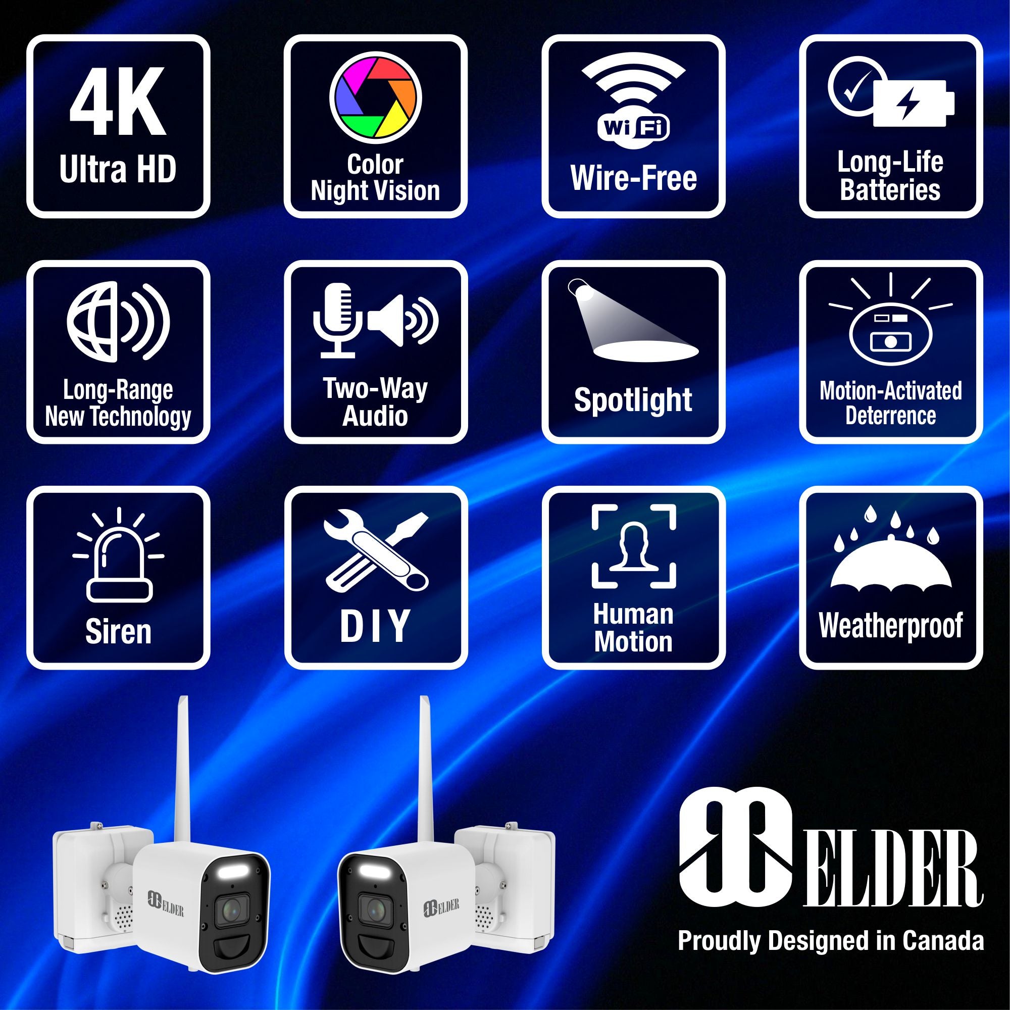 Elder 4K Wireless Security Camera System 1TB Wire-Free, 8Ch NVR 4-Camera Battery WiFi Surveillance Outdoor, Color Night Vision, Spotlight Deterrence & Two-Way Talk
