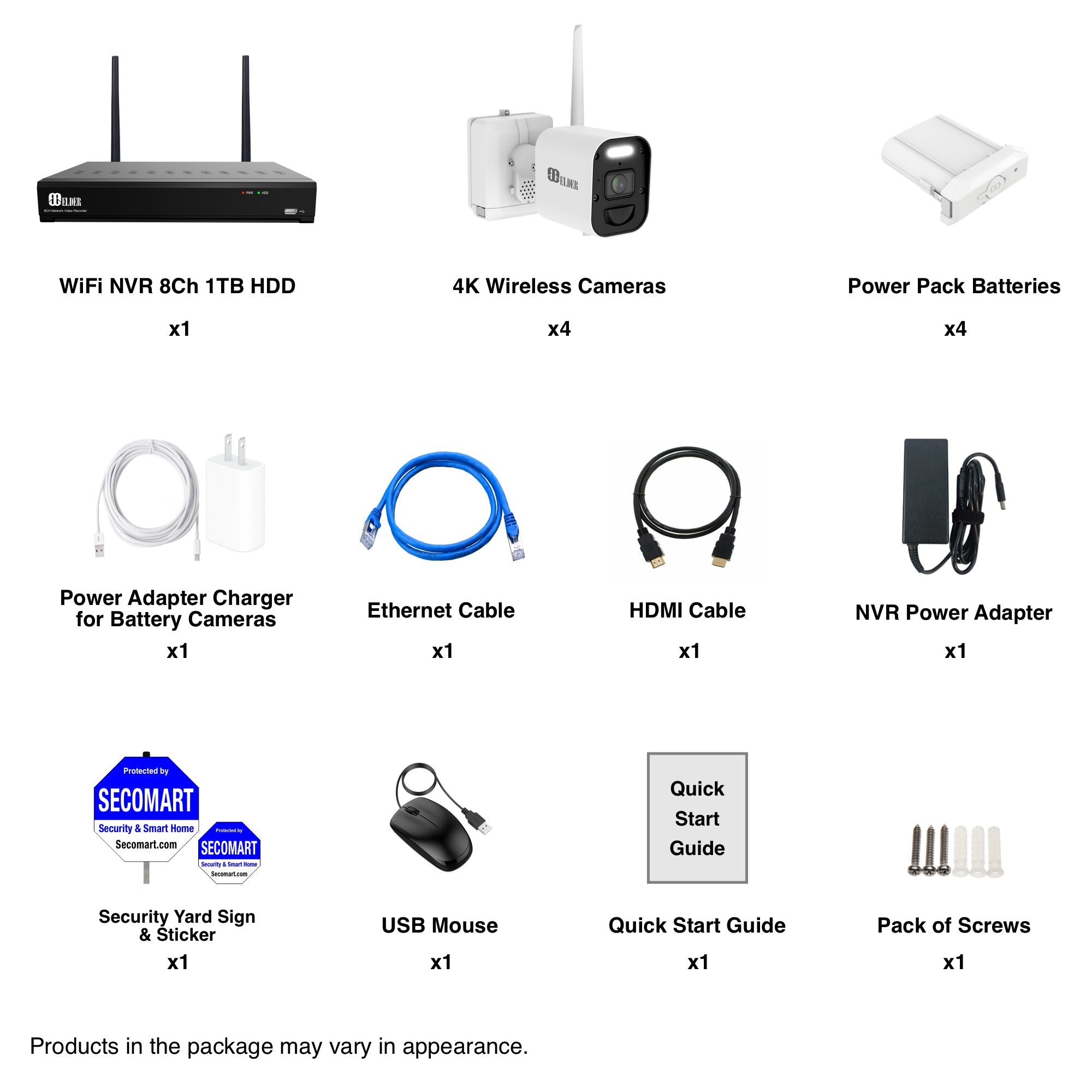 Elder 4K Wireless Security Camera System 1TB Wire-Free, 8Ch NVR 4-Camera Battery WiFi Surveillance Outdoor, Color Night Vision, Spotlight Deterrence & Two-Way Talk