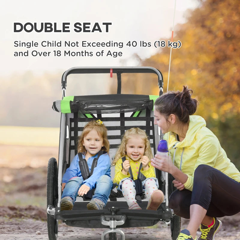 Aosom 3-in-1 Bike Trailer for Kids, Running Stroller with 2 Seats, Jogging Cart with 5-Point Harness, Storage Units, Green