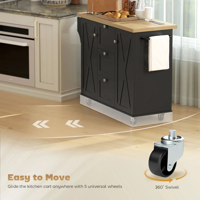 Farmhouse Kitchen Island Cart with Power Outlet and Soft-Close Doors, 49" Kitchen Island with 3 Drawers, Black