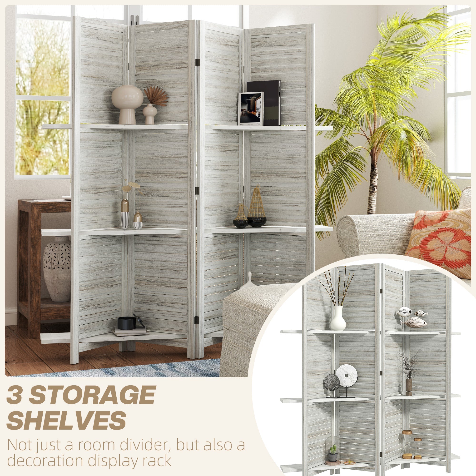 HOMCOM 4-Panel Wall Partition Room Separator with 3 Storage Shelves Foldable Design Wooden Frame 5.6FT Distressed White
