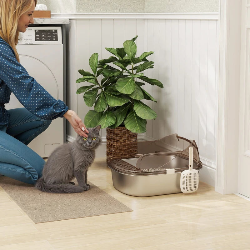 Stainless Steel Cat Litter Box with High Sided Enclosure, Scoop, Non-Sticky & Anti-Urine Leakage, Easy Cleaning