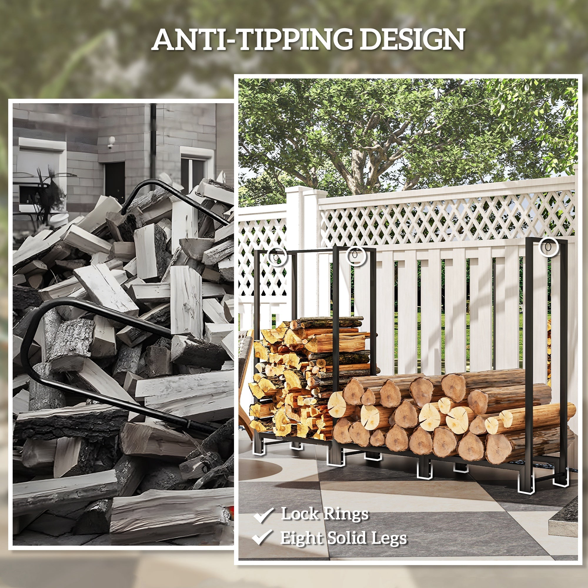 Outsunny 6ft Firewood Rack with Dual Space and Lock Rings, Steel Log Holder for Outdoor Indoor, Black
