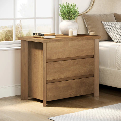 Nightstand 31.5" Farmhouse Bedside Table with 3 Storage Drawers, Engineered Wood, Rustic Brown