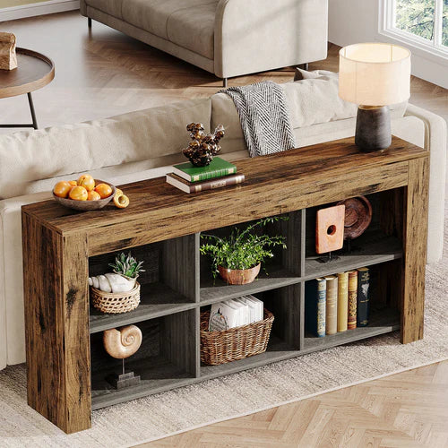 Console Table 63" Narrow Sofa Table Entryway Table with 6 Storage Cubes and Display Shelves Rustic Brown
