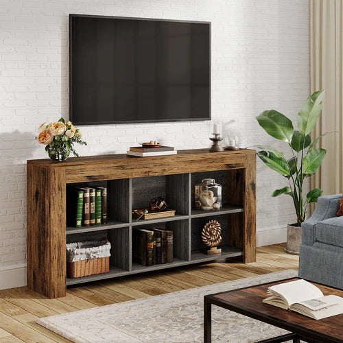 Console Table 63" Narrow Sofa Table Entryway Table with 6 Storage Cubes and Display Shelves Rustic Brown