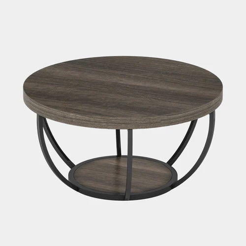 Coffee Table Round 2-Tier Central Cocktail Table with Shelves Engineered Wood Top Metal Frame Wood Grain Finish