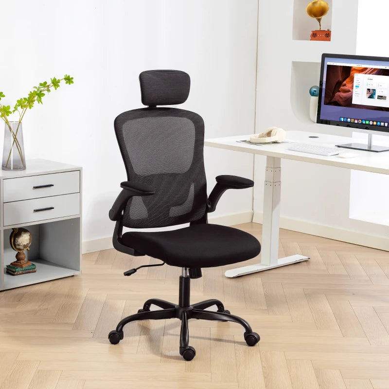 Ergonomic Office Chair, Mesh Desk Chair with Adjustable Headrest, Lumbar Support and Height, Flip-Up Armrests, Black