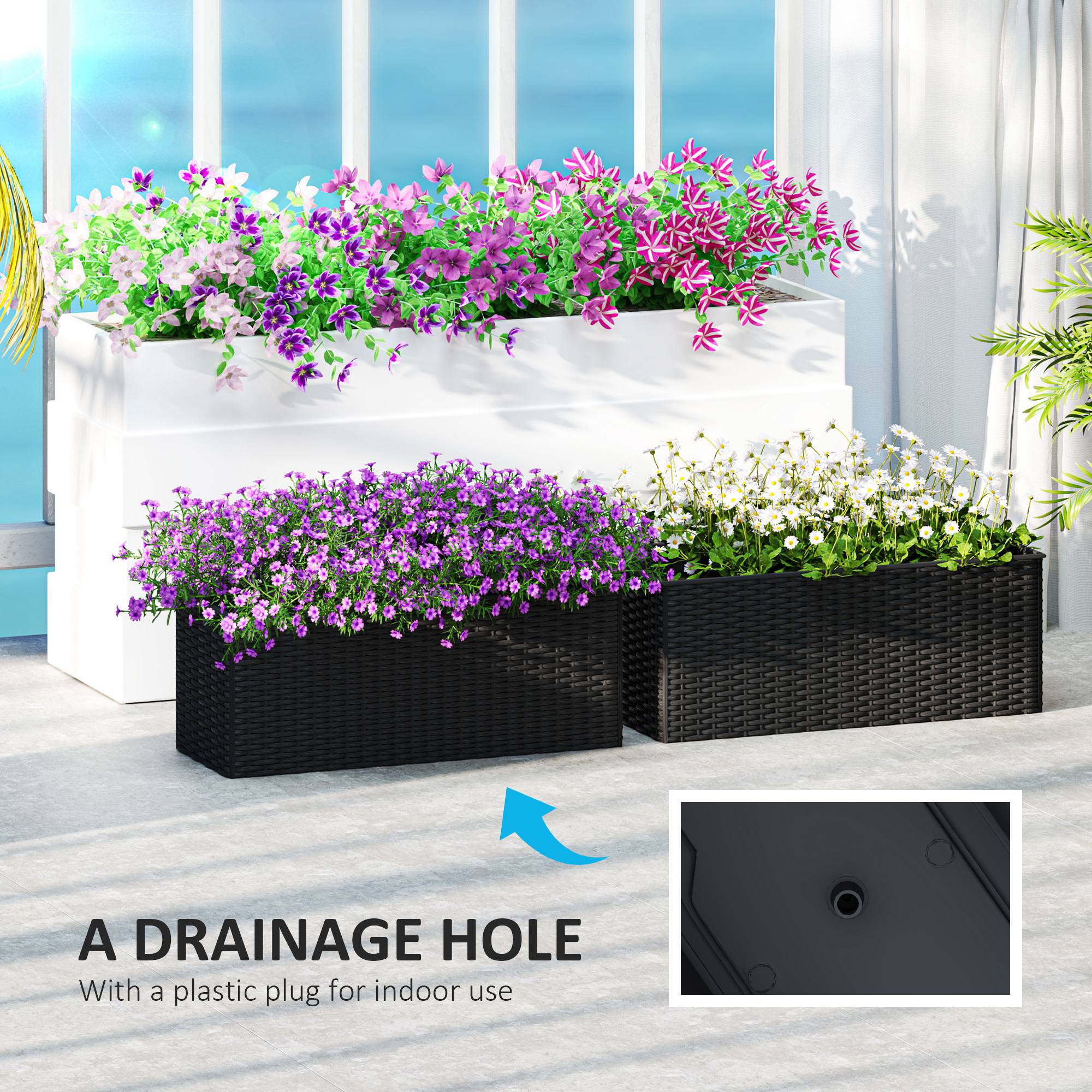 Outsunny 2 Pack 20 Inch Self-Watering Hanging Flower Pots, Railing Planter Box for Fence, Garden, Rattan Look, Black