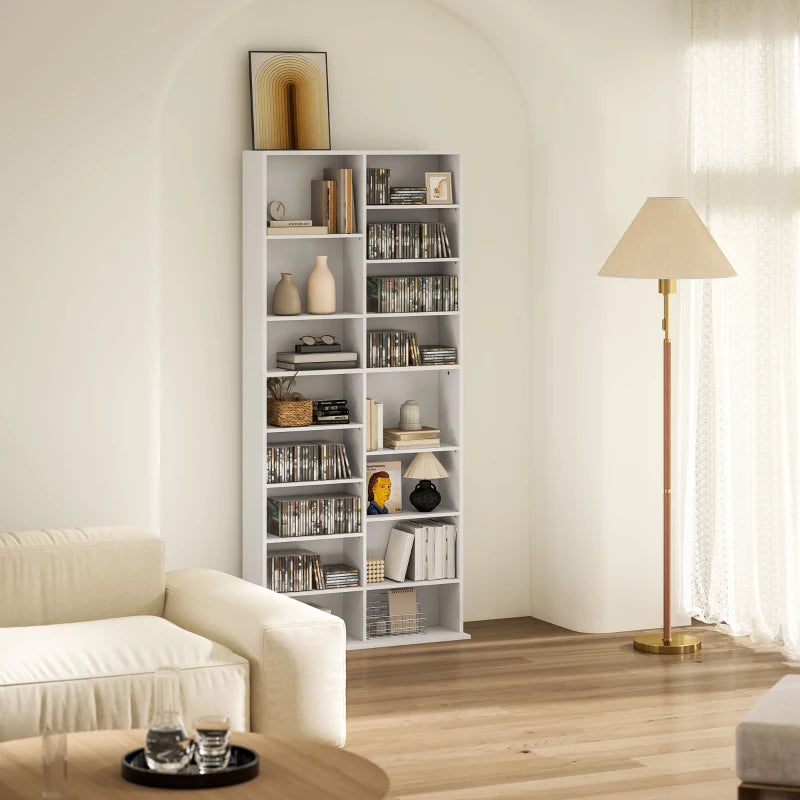 9-Tier DVD Shelf with 18 Compartments and 14 Adjustable Shelves, Holds 640 CDs, 360 DVDs or 430 Blu-rays, White