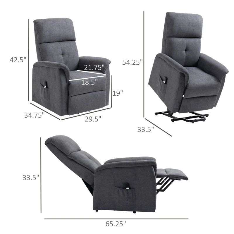 HOMCOM Power Lift Chair Electric Recliner Sofa for Elderly with Remote Control & Side Pocket for Living Room, Grey