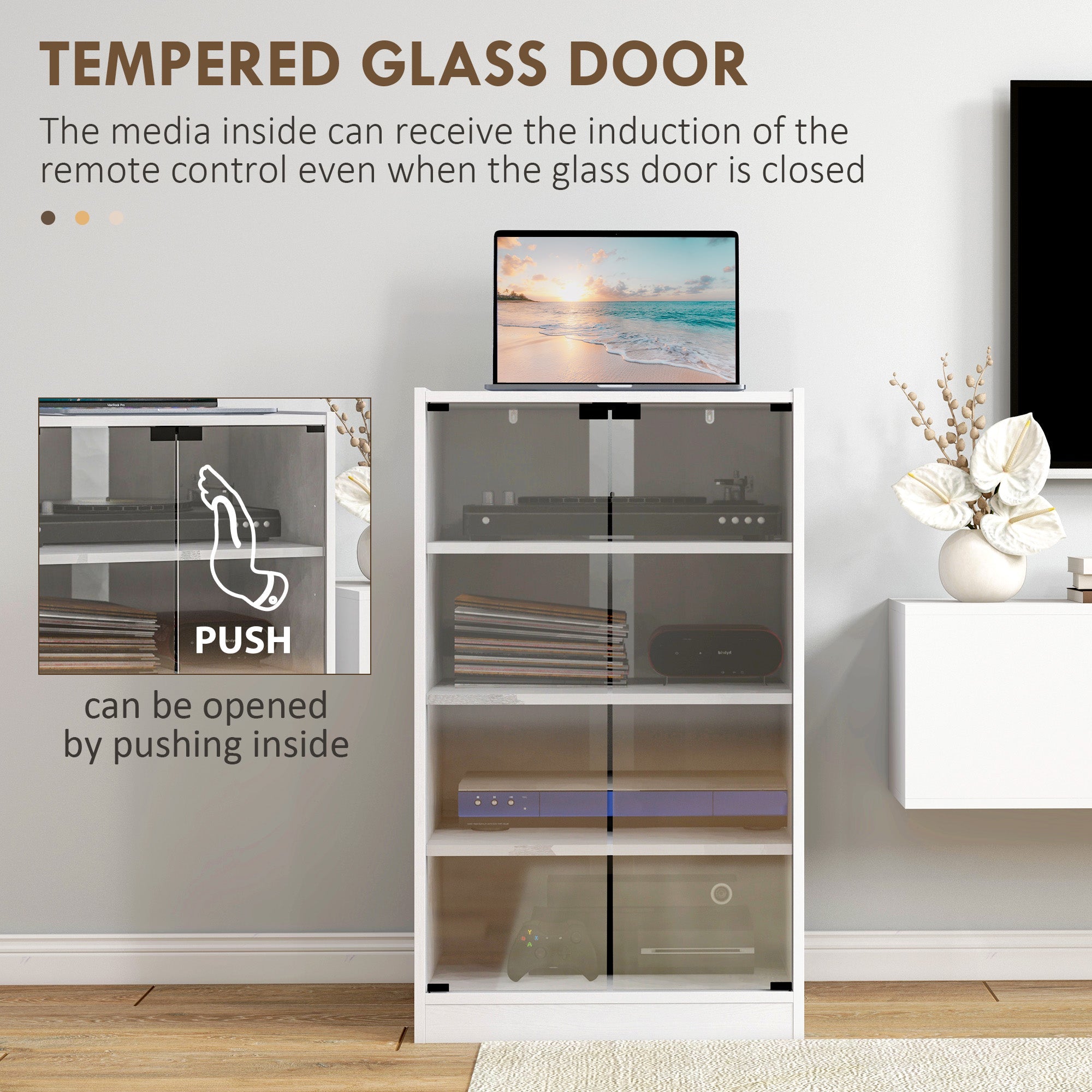 HOMCOM Distressed White Media Stand: 5-Tier with Adjustable Shelves, Tempered Glass & Cable Management