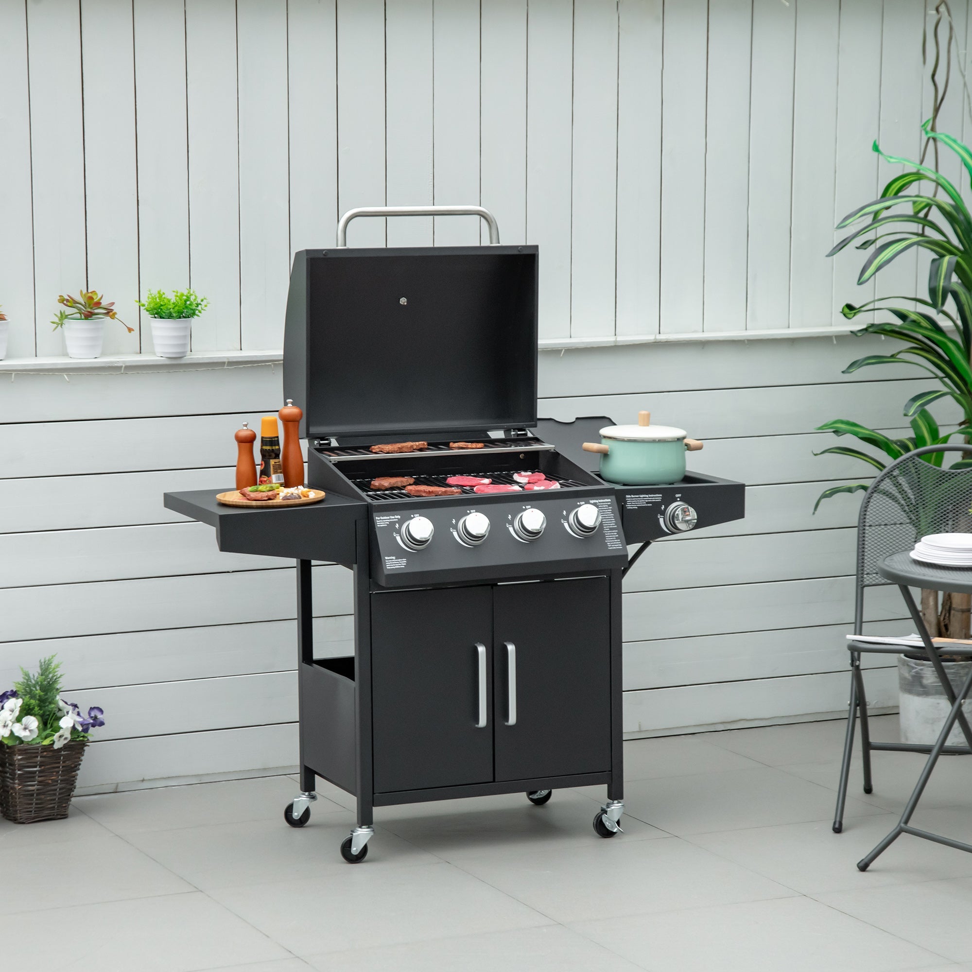 Outsunny 4+1 Burner Propane Gas Grill BBQ Trolley - Outdoor Cabinet Style with Side Burner, Warming Rack, Sleek Black