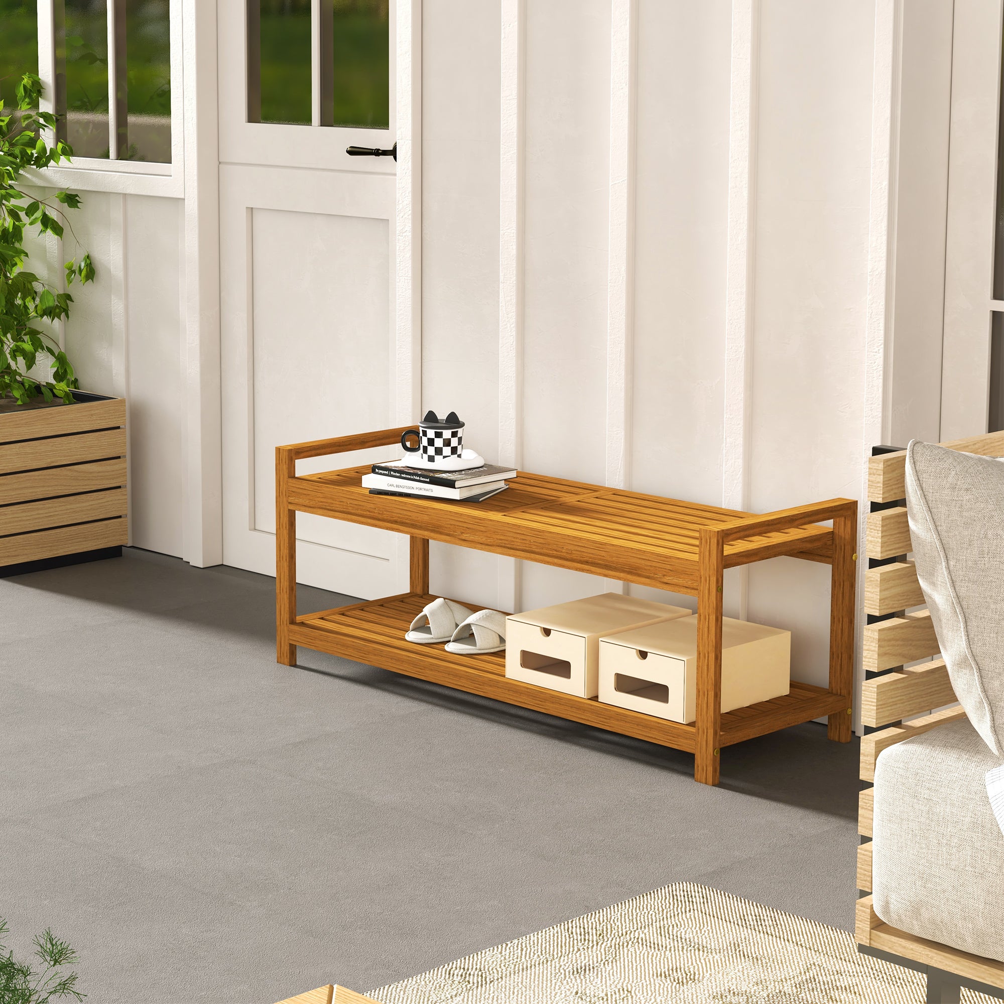 Outsunny Garden Stool with Storage Shelf Slatted Seat Indoor Outdoor Conservatory Poolside Deck Furniture Teak