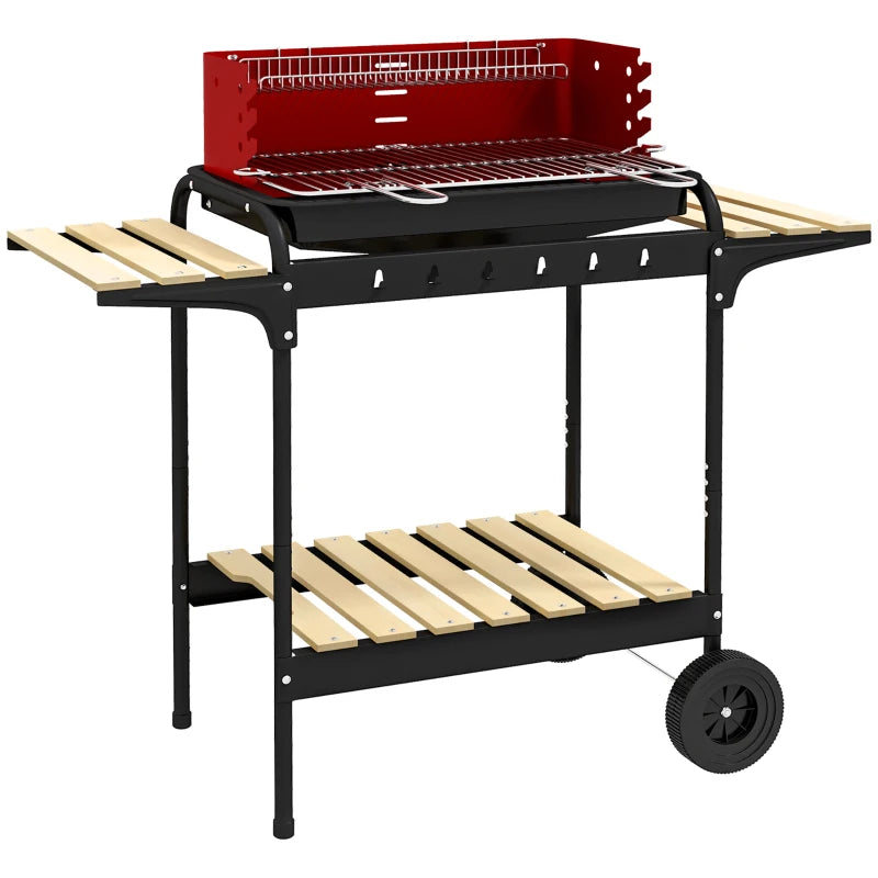 Charcoal Barbecue Grill with Adjustable Grill Height, Portable BBQ Trolley with Ash Catcher and Wheels, Red