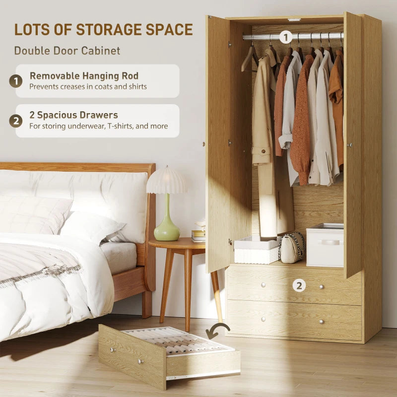 Modern Wardrobe Closet Armoire with 2 Drawers and Hanging Rod, Clothes Storage Organizer for Bedroom, Natural Wood