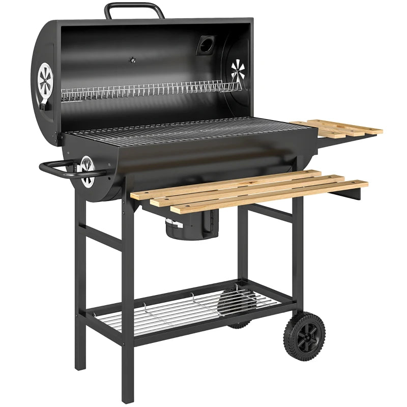 Charcoal BBQ Grill with Foldable Shelves, Barbecue Grill with Warming Rack, Thermometer, Wheels, Natural Wood and Black