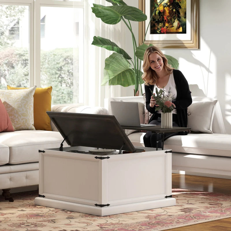 Lift Top Coffee Table with Charging Station, Square Farmhouse Center Table with Hidden Storage, White Wood Grain