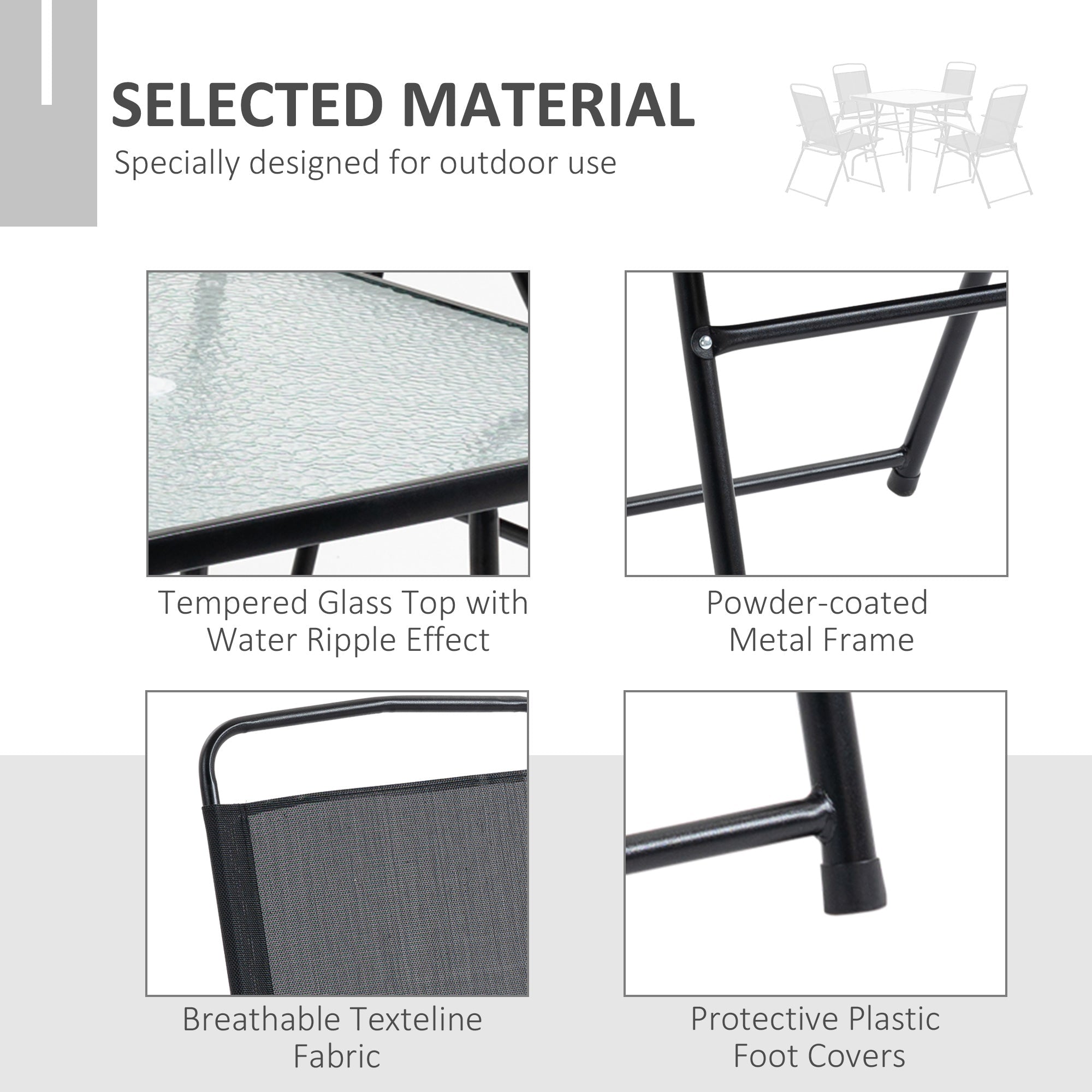 Outsunny 5 Pieces Patio Table and Chairs, Outdoor Dining Set with 4 Folding Chairs, Glass Tabletop and Parasol Hole, Black