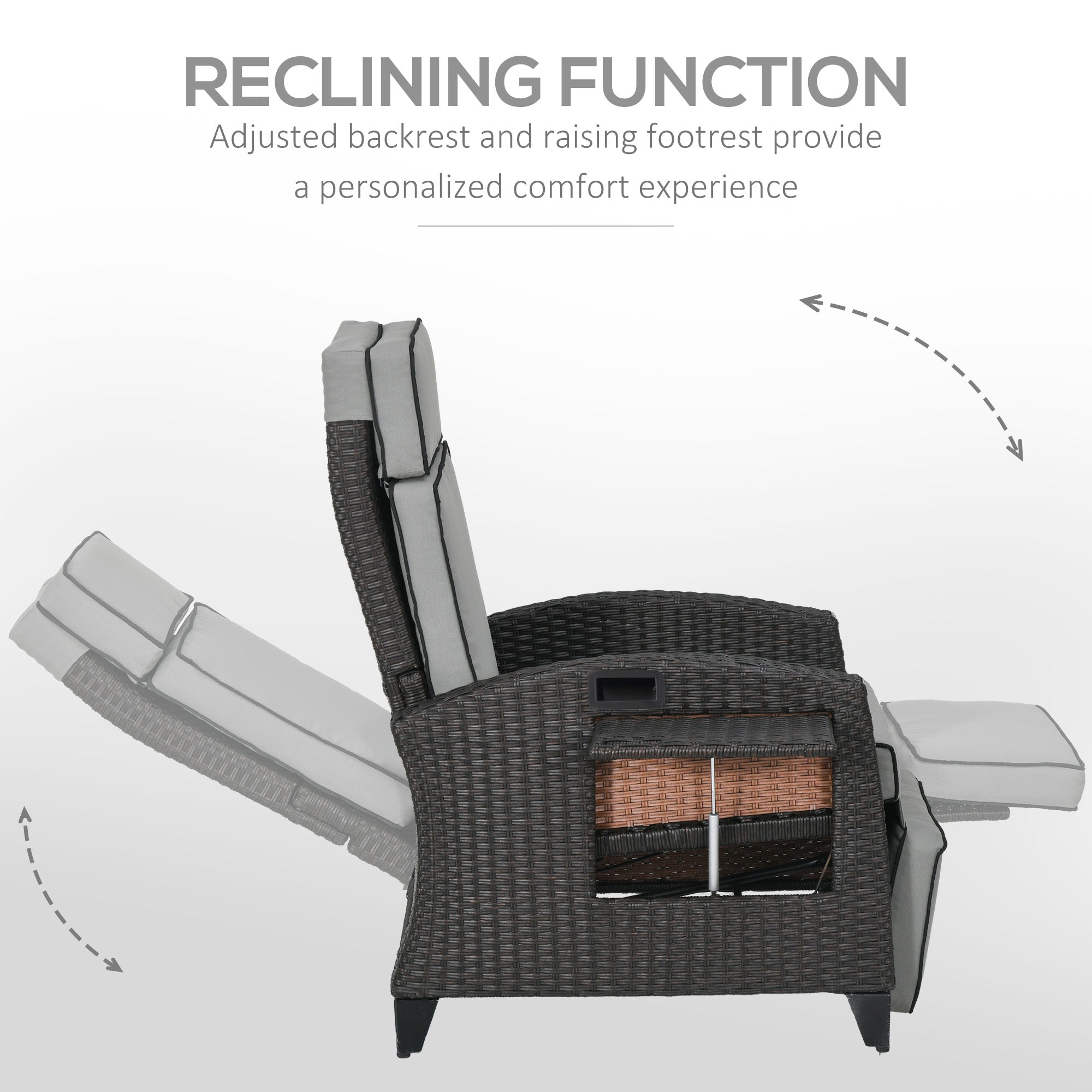 Outsunny Recliner Outdoor Chair Adjustable Backrest Side Tray Light Grey Patio Lounger Furniture