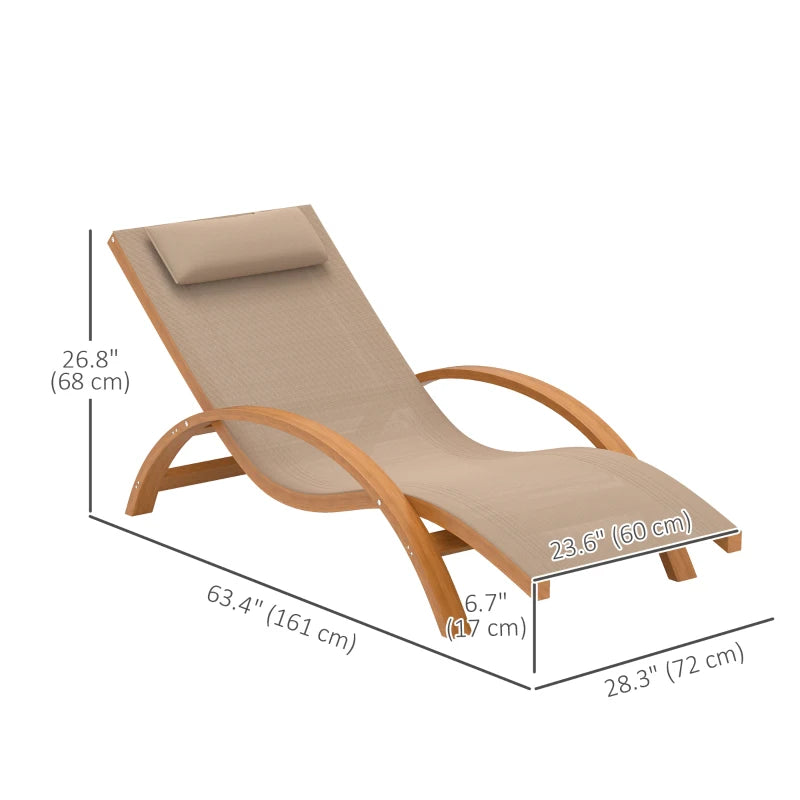 Outdoor Wood Chaise Lounge Chair Recliner Patio Camping with Headrest, Teak & Light Khaki