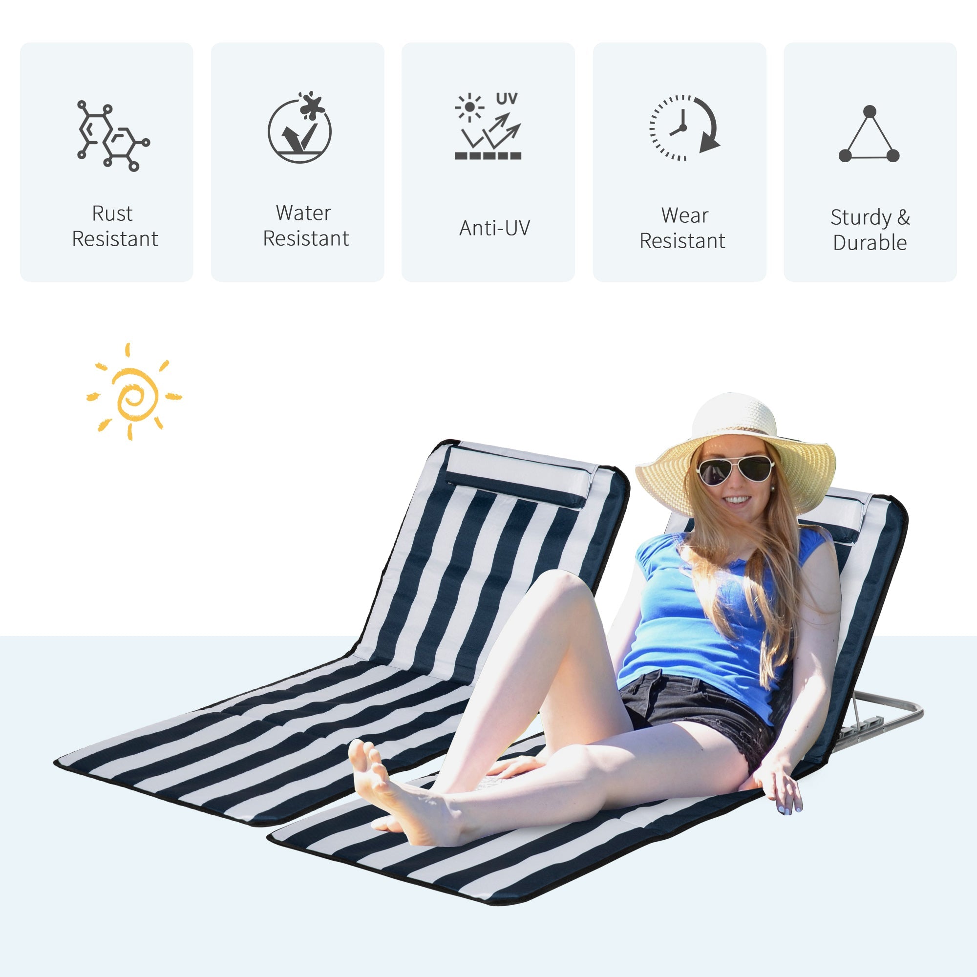 Outsunny 2 Pieces Beach Lounge Chair, Outdoor Folding Chaise Lounge Set w/ Pillow for Sunbath, Snap, Blue and White