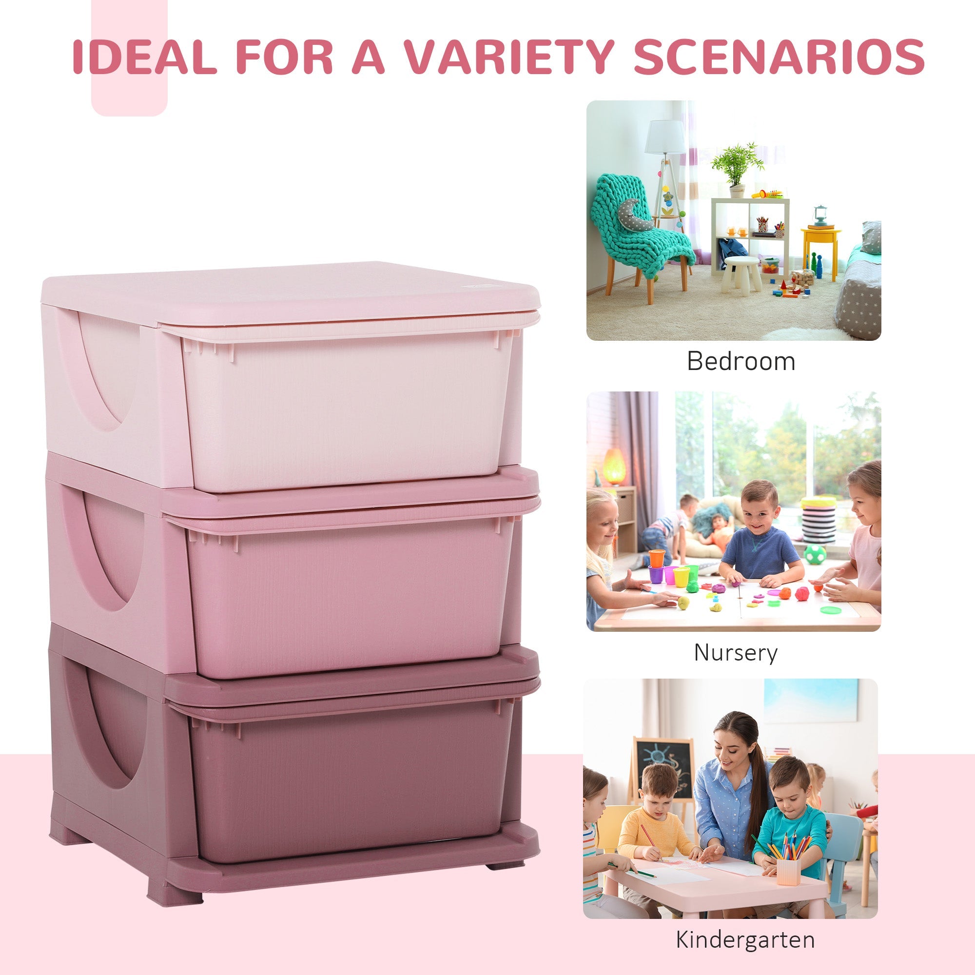 Qaba 3 Tier Kids Toy Organizer and Storage Bins with 3 Plastic Drawers, Pink