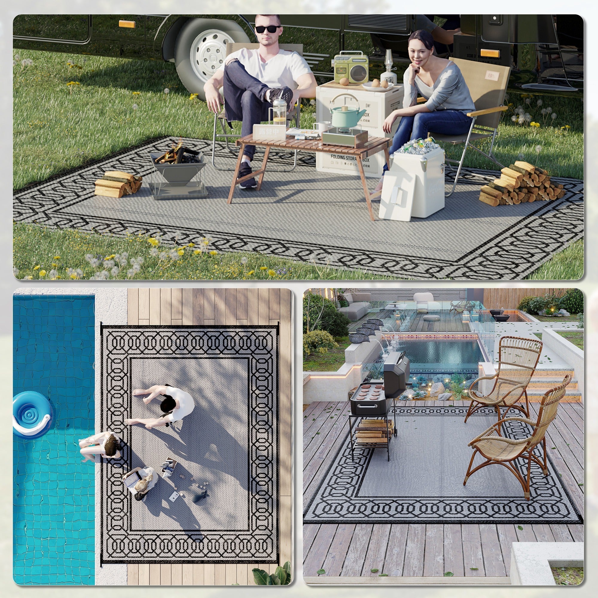 Outsunny 9' x 12' Portable Outdoor Rug Reversible Waterproof Mat with Carry Bag for RV Backyard Deck Black