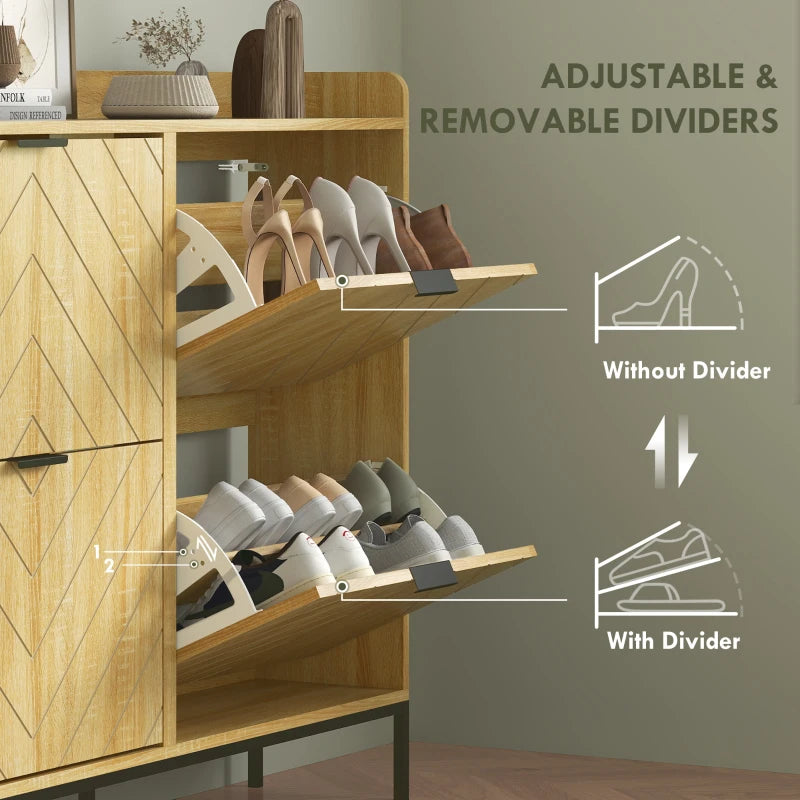 Narrow Shoe Storage Cabinet, Modern Slim Shoe Cabinet with 4 Flip Drawers, 16 Pairs of Shoes for Hallway, Entryway, Oak